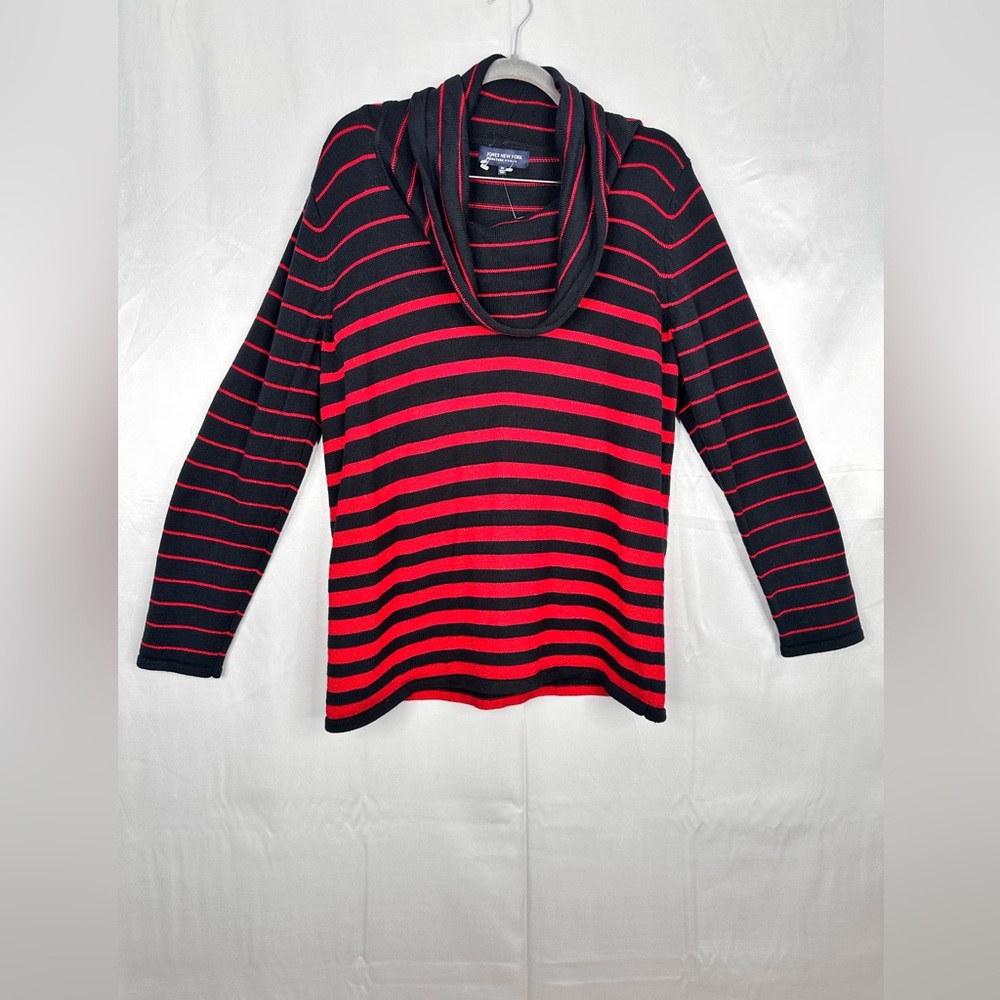 Jones New York Black and Red Striped Cowl Neck Sweater